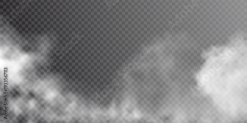 Fog, smoke, mist and steam on transparent background, panoramic view, vector design
