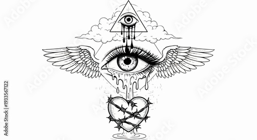 Œil ailé mystique pleurant sur un cœur épineux, symbolisant la douleur et la tristesse