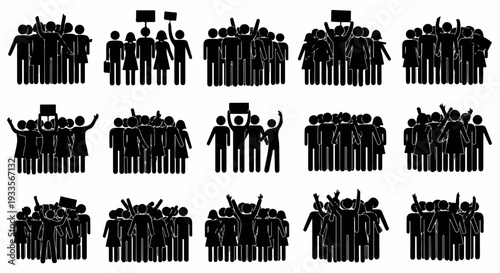 Illustration de groupe de personnes manifestant avec des pancartes et levant les mains, style pictogramme.