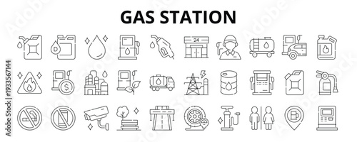 30 Gas Station Line Icons Vector - Gasoline, Diesel, Fuel, Nozzle, Oil, Energy, Refuel, Air Pump