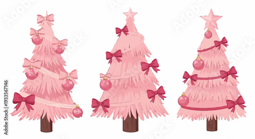Trois sapins de Noël roses décorés de boules et de nœuds, style festif et mignon.