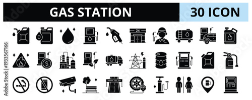 30 Gas Station Glyph Icons Vector - Gasoline, Diesel, Fuel, Nozzle, Oil, Energy, Refuel, Air Pump