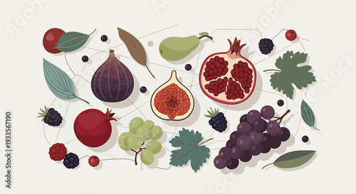 Assortment of Fresh Fruits and Leaves: Pomegranate, Fig, Grapes, Pear, Berries