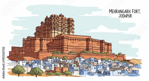 Illustration du fort Mehrangarh à Jodhpur, Rajasthan, Inde, avec une ville bleue en contrebas.