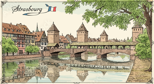 Carte postale de Strasbourg avec le pont et les tours historiques, reflétant dans l'eau.