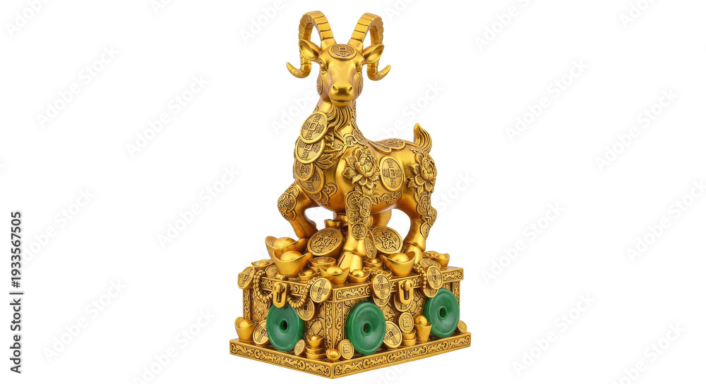 Fototapeta premium 3D Illustration of Golden Goat Statue for Vietnamese Lunar New Year 2027 (Tet Dinh Mui). Traditional Feng Shui Symbol of Wealth and Prosperity on Isolated White Background Generative AI 