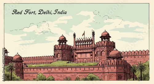 Le Fort Rouge de Delhi, Inde, une illustration de style vintage d'un monument historique emblématique.