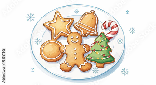 Assortiment de biscuits de Noël faits maison sur une assiette, décorés de glaçage et de flocons de neige