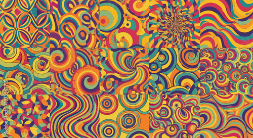 60年代と70年代の雰囲気を醸し出す、鮮やかなサイケデリックな渦巻きや幾何学模様が特徴の、多様な抽象デザインパターンの背景コレクション。