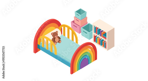 A cheerful isometric child's bedroom setup with a rainbow bed, teddy bear, bookshelf, and stacked storage boxes is presented on a light floor.