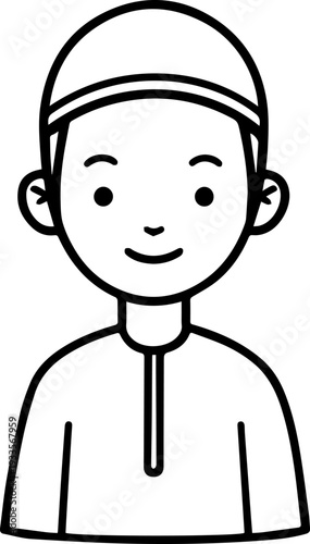Smiling boy wearing traditional Muslim cap and kurta Black and white vector illustration
