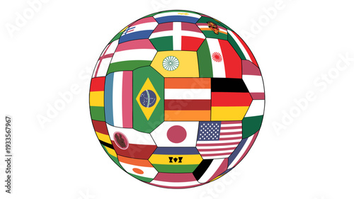 Soccer ball adorned with flags representing various nations, symbolizing global unity and the spirit of competition.