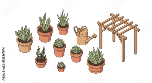 A charming isometric collection of nine potted green plants, a watering can, and a wooden pergola is neatly arranged on a white background.