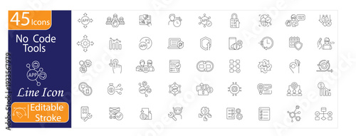 QLow Code Solution Icons Set, Visual Development, Drag and Drop Builder, Rapid Application Development, Workflow Automation, Business Apps, Editable Stroke Vector Illustration.