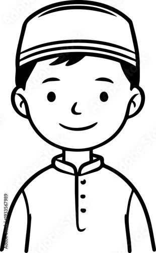 Smiling boy wearing traditional Muslim cap and kurta Black and white vector illustration
