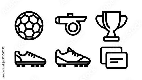 An icon set with soccer ball, whistle, trophy, shoes, and notes.