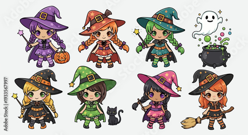 かわいいちび魔女とハロウィンのキャラクターたちが集合した楽しいイラストセット。魔法の杖、カボチャ、お化け、黒猫、ほうきなど、カラフルな要素が魅力的なデザイン素材です。