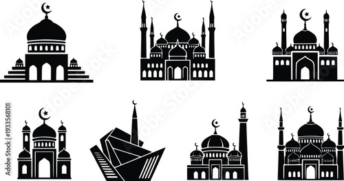 A versatile set of mosque icons featuring various architectural styles from classic domes to modern geometric structures