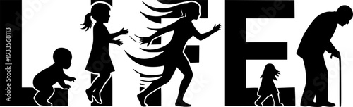 Human life cycle stages from birth to death represented by silhouettes on the word LIFE Keywords: life cycle, human, stages
