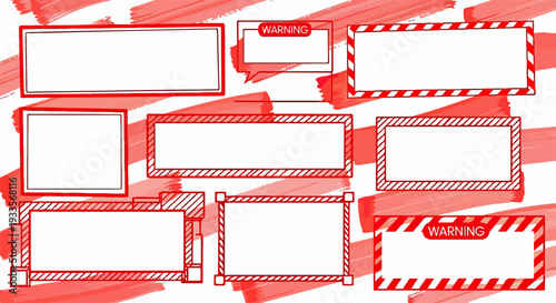 赤いブラシストロークが印象的な背景に、手描き風の警告やメッセージを挿入できる多様な空白フレームが複数配置されたグラフィックデザイン素材。