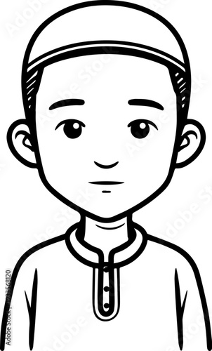 Smiling boy wearing traditional Muslim cap and kurta Black and white vector illustration
