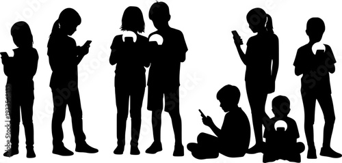 Silhouette of children using smartphones, digital addiction concept, kids watching mobile screens, modern technology dependence, youth internet lifestyle, social media generation 