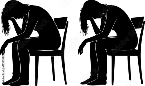 Two women silhouettes sitting on chairs with heads in hands in despair woman female
