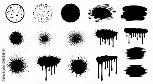 白い背景に描かれた様々な形状の黒いインクの飛び散り、ペンキのしぶき、滴り、グランジテクスチャのグラフィックデザイン素材セットで、アートやデジタルコンテンツ制作に最適です。