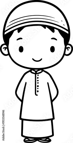 Smiling boy wearing traditional Muslim cap and kurta Black and white vector illustration
