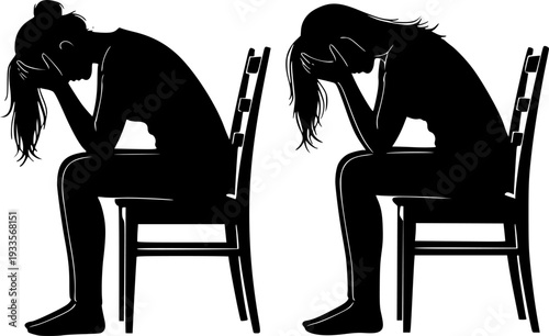 Two women silhouettes sitting on chairs with heads in hands in despair woman female
