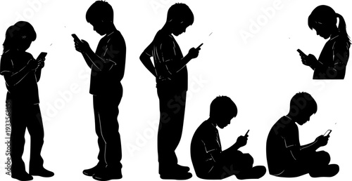 Silhouette of children using smartphones, digital addiction concept, kids watching mobile screens, modern technology dependence, youth internet lifestyle, social media generation 