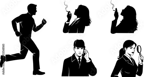 Detective silhouette vector set with man running, woman smoking, person using phone, female investigator with magnifying glass, mystery crime illustration design
