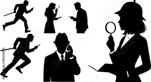Detective silhouette vector set with man running, woman smoking, person using phone, female investigator with magnifying glass, mystery crime illustration design