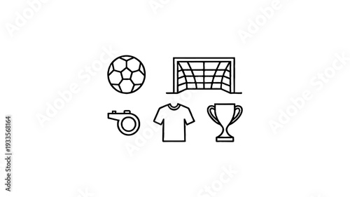 Soccer icons set against a clean background, symbolizing the key elements of the sport.