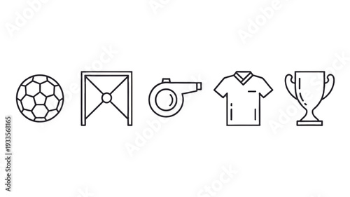 Soccer related icon set arranged in a linear pattern.