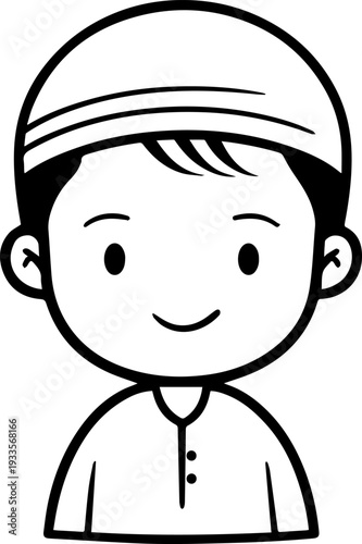 Smiling boy wearing traditional Muslim cap and kurta Black and white vector illustration
