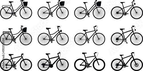 PrintBicycle design variations, cycling illustration collection, bike frame styles, handlebar types, basket accessories, saddlebags, sport concept, transportation, fitness, mobility art