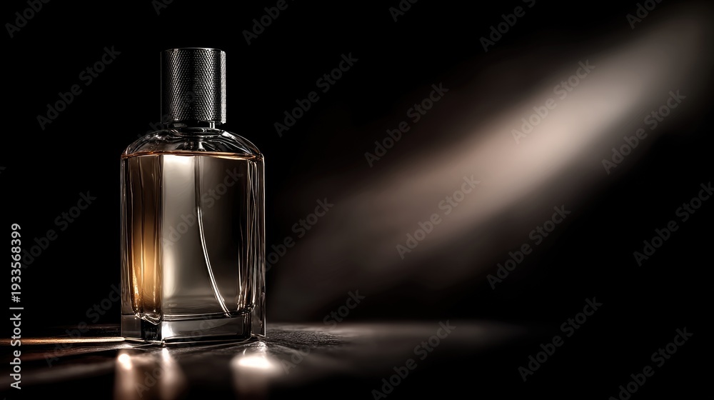 Naklejka premium Elegant glass perfume bottle with dark background and soft light highlighting its shape and design, evoking luxury and sophistication in fragrance presentation