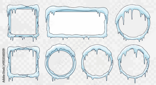 透明な背景に、雪とつららで飾られた冬のフレームセット。四角形や円形など様々な形状の美しいデザイン要素が、寒さや季節感を表現しています。