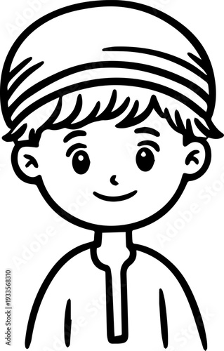 Smiling boy wearing traditional Muslim cap and kurta Black and white vector illustration
