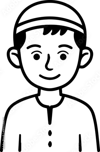 Smiling boy wearing traditional Muslim cap and kurta Black and white vector illustration
