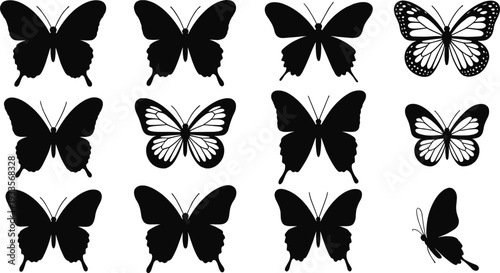 PrintButterfly silhouette illustration collection, decorative insect artwork, stylized wing patterns, nature design elements, black blue contour butterflies, vector set