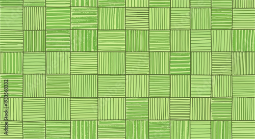 フレッシュな緑色の濃淡と縦横のストライプ模様が特徴的な、格子状に並べられた正方形の抽象的なテクスチャ背景