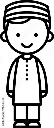 Smiling boy wearing traditional Muslim cap and kurta Black and white vector illustration
