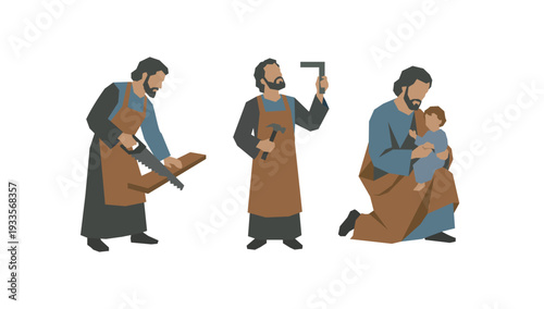 Foto Three vectors of Saint Joseph working and Saint Joseph caring for Jesus