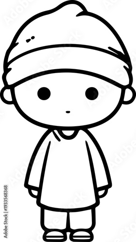 Smiling boy wearing traditional Muslim cap and kurta Black and white vector illustration

