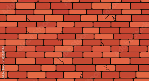 ひび割れた赤いレンガが特徴の、古びたレンガの壁のシームレスなイラストレーション。建築物や背景デザインに最適な、耐久性と歴史を感じさせるテクスチャ素材。