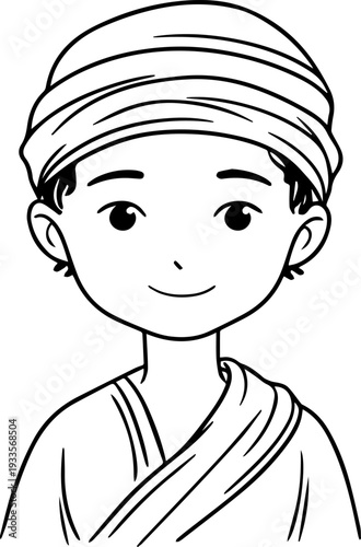 Smiling boy wearing traditional Muslim cap and kurta Black and white vector illustration
