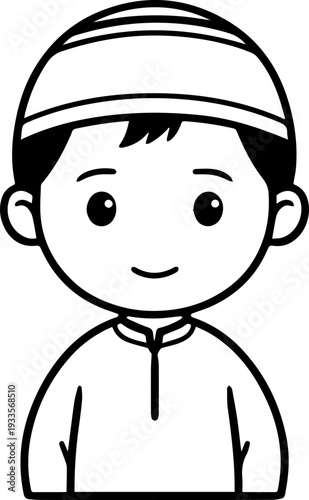Smiling boy wearing traditional Muslim cap and kurta Black and white vector illustration
