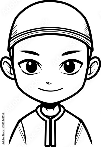 Smiling boy wearing traditional Muslim cap and kurta Black and white vector illustration
